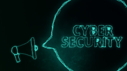 Leinwandbilder - Megaphone banner with speech bubble and text cyber security. Plexus style of green glowing dots and lines. Abstract illustration
