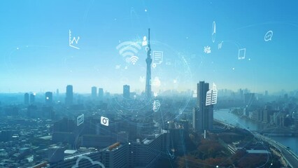 Smart city and communication network concept. 5G. LPWA (Low Power Wide Area). Wireless communication.