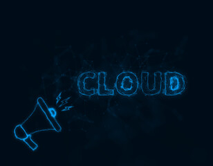 Leinwandbilder - Megaphone banner with text cloud. Plexus style of blue glowing dots and lines. Abstract illustration