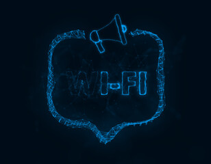 Leinwandbilder - Megaphone banner with speech bubble and text wi-fi. Plexus style of blue glowing dots and lines. Abstract illustration