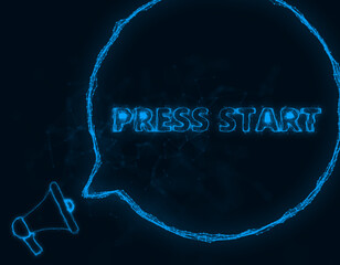 Poster - Megaphone banner with speech bubble and text press start. Plexus style of blue glowing dots and lines. Abstract illustration