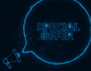 Aufkleber - Megaphone banner with speech bubble and text special offer. Plexus style of blue glowing dots and lines. Abstract illustration