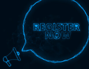 Aufkleber - Megaphone banner with speech bubble and text register now. Plexus style of blue glowing dots and lines. Abstract illustration