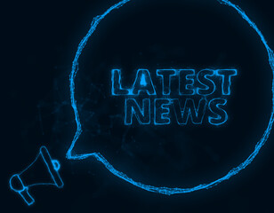 Fototapete - Megaphone banner with speech bubble and text latest news. Plexus style of blue glowing dots and lines. Abstract illustration