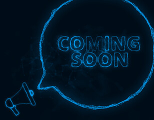 Fototapete - Megaphone banner with speech bubble and text coming soon. Plexus style of blue glowing dots and lines. Abstract illustration