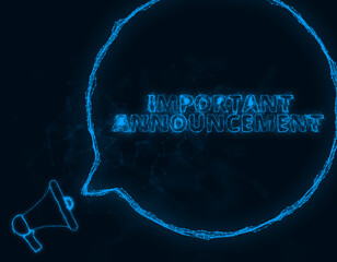 Leinwandbilder - Megaphone banner with speech bubble and text important announcement. Plexus style of blue glowing dots and lines. Abstract illustration