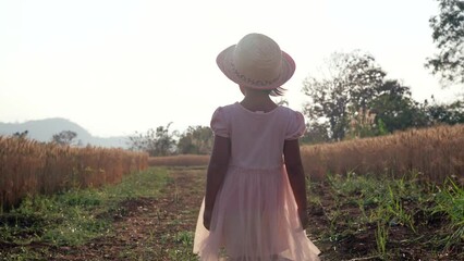 Wall Mural - Small girl in pink walking on wheat field against sun lignt.