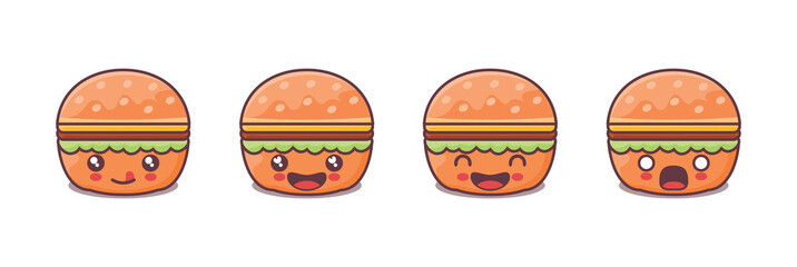 Sticker - burger cartoon illustration, with different facial expressions