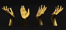 3D Illustration Of Two Golden Hands On A Black Background. Template For A Product Placement.