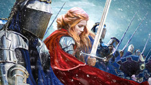 A Charming Red-haired Female Knight In A Snowy Windy Blizzard With A Two-handed Sword And A Red Cloak, Surrounded By Valiant Cavalry Knights In Shiny Plate Armor Ready To Defend Her To Death. 2d Art