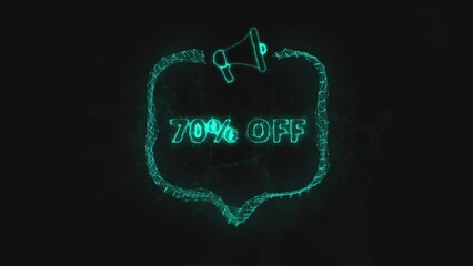 Poster - Megaphone banner with speech bubble and text 70 percent off. Plexus style of green glowing dots and lines