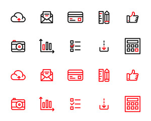 Wall Mural - simple line art in two colors ui icons set. cloud, credit card, camera, like, ruler and others. pixe
