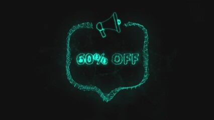 Leinwandbilder - Megaphone banner with speech bubble and text 60 percent off. Plexus style of green glowing dots and lines