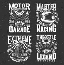 Car Races, Speed Fast Sport Emblems Or Motorcycle Racing T-shirt Prints, Vector. Motorcycle Races Flag With Motor Speedway Wheel And Moto Engine, Custom Bike Chopper And Throttle Garage Signs