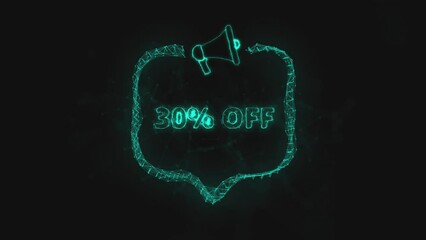 Leinwandbilder - Megaphone banner with speech bubble and text 30 percent off. Plexus style of green glowing dots and lines
