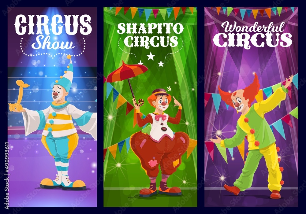 Vetor Shapito circus clowns, jesters and harlequin at funfair carnival ...
