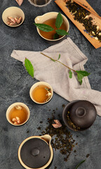 Canvas Print - Asian tea set on dark background.