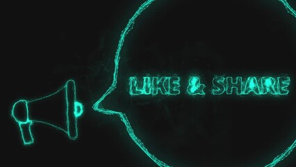 Poster - Megaphone banner with speech bubble and text like and share. Plexus style of green glowing dots and lines