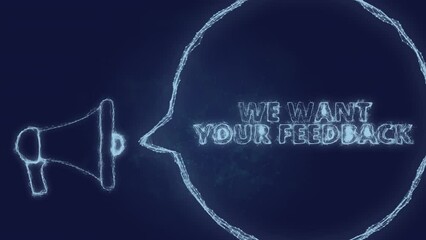 Fototapete - Megaphone banner with speech bubble and text we want your feedback. Plexus style of green glowing dots and lines