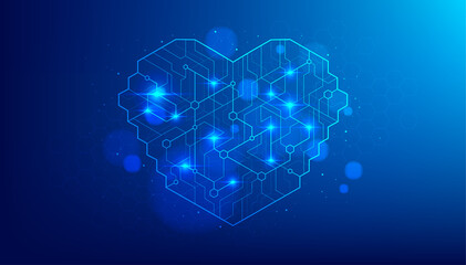 Wall Mural - heart shape of an artificial intelligence with line dots on dark blue color background. digital tech