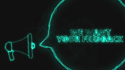 Fototapete - Megaphone banner with speech bubble and text we want your feedback. Plexus style of green glowing dots and lines