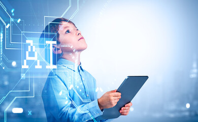 kid boy with tablet, ai digital hologram and binary code with circuit