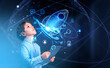 © ImageFlow - Boy with tablet, startup rocket hologram and business icons
