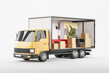 Truck With Furniture And Boxes, Relocation And Moving. Delivery Company
