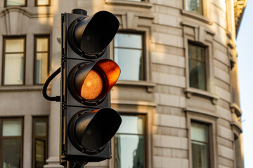 A traffic light on Amber