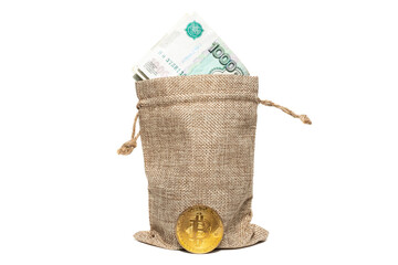 Wall Mural - a bag of money and bitcoin isolated on a white background.