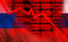 Russia Flags War Crisis And Conflict.Russia's Stock Market International Situation Theme Severely Affecting Stock Markets And Crypto Currency Market