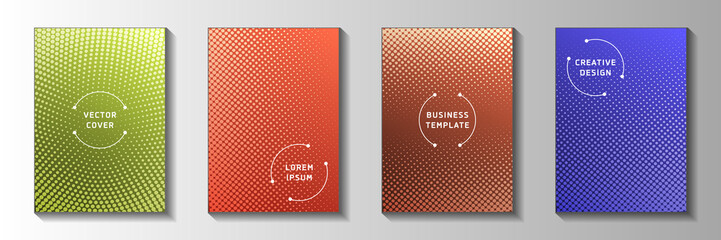 Grunge dot faded screen tone front page templates vector kit. Digital flyer perforated screen tone