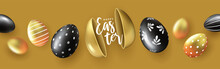 Easter Congratulation Banner, Holiday Card, Flyer Design. Golden And Black Eggs On A Yellow Background. Modern Minimal Design With Eggs And  Rabbits For Social Media, Sale, Advertisement, Web.