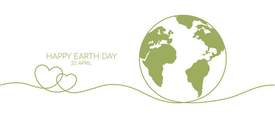 Wall Mural - Happy earth day banner by green continuous single line drawing heart embrace and world map isolated on white background for banner in concept environment, ecology, eco friendly