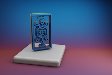 Poster - Wonderful NFT Smartphone icons. Beautiful NFT symbol icons on a ceramic stand and bright colored background. 3d rendering illustration. Background pattern for design.