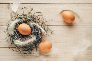 Wall Mural - Easter eggs nature. Natural colour egg in basket with spring tulips, white feathers on wooden table background in Happy Easter decoration. Congratulatory easter design. Flat lay, top view.
