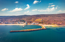 Adorable  Spring View Of Golden Sands Port. Spectacular Morning Scene Of Bulgaria, Europe. View From Flying Drone Of Black Sea. Traveling Concept Background.
