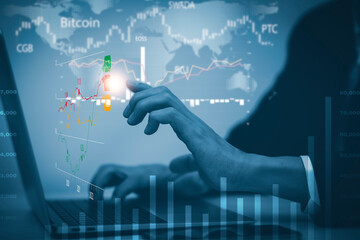 Wall Mural - Business finance technology and investment concept. Stock Market Investments Funds and Digital Assets. Woman using laptop or computer and trading graph financial data. Business finance background.