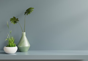 Wall mockup with Vase and green plant,blue wall and shelf.