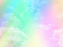 Beauty Sweet Pastel Green Pink  Colorful With Fluffy Clouds On Sky. Multi Color Rainbow Image. Abstract Fantasy Growing Lights