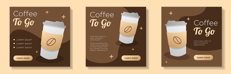 Wall Mural - Coffee to go social media post, banner set, paper cappuccino cup advertisement concept, espresso, breakfast warm drinks shop marketing square ad, abstract print, isolated on background