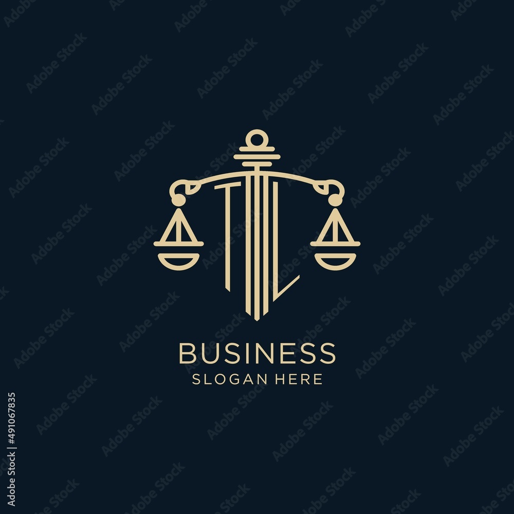 Initial TL logo with shield and scales of justice, luxury and modern ...