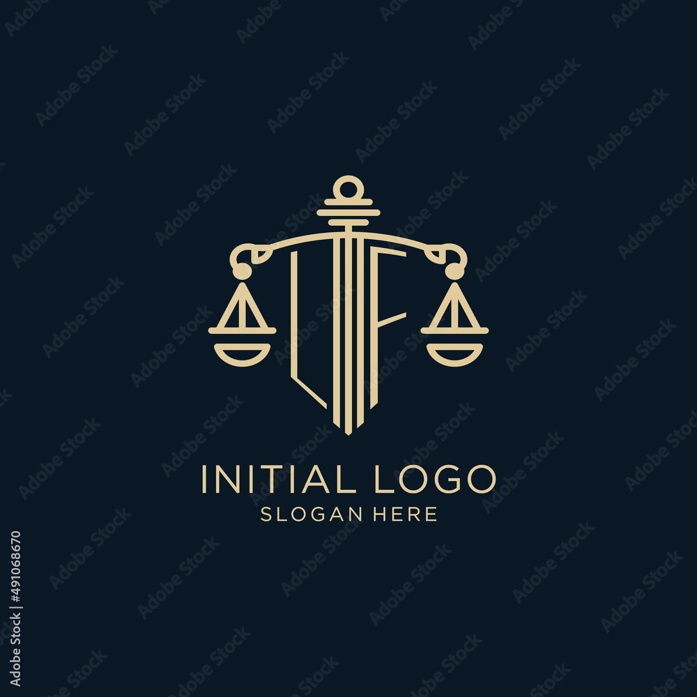 Initial LF logo with shield and scales of justice, luxury and modern ...