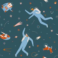 Wall Mural - space adventure pattern with boy, girl, dog and robot astronaut explore cosmos seamless pattern. . v