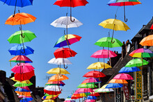 Les Andelys; France - July 2 2019 : Umbrellas In A Street