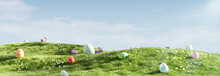 Easter Landscape, Bunnies With Colorful Eggs And Daisy Flower On Meadow Under Beautiful Sky. 3d Rendering