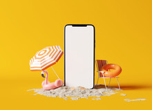 Smartphone Blank Screen With Beach Accessories On Yellow Background. Summer Travel Vacation Concept. 3d Rendering