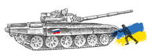 Hand-drawn Sketch Of Ukrainian Man, Resistance And Stop To The Russian Tank T72 In Black Isolated On White Background.