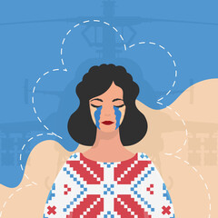 The girl sheds tears In an embroidered shirt against the background of the colors of the Ukrainian flag. Banner in support of Ukraine. Vector illustration.
