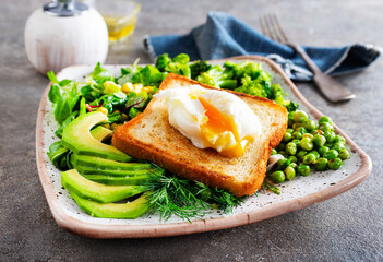 Sticker - Whole wheat toasted bread with avocado, poached egg, pea on plate. Top view. Healthy diet breakfast